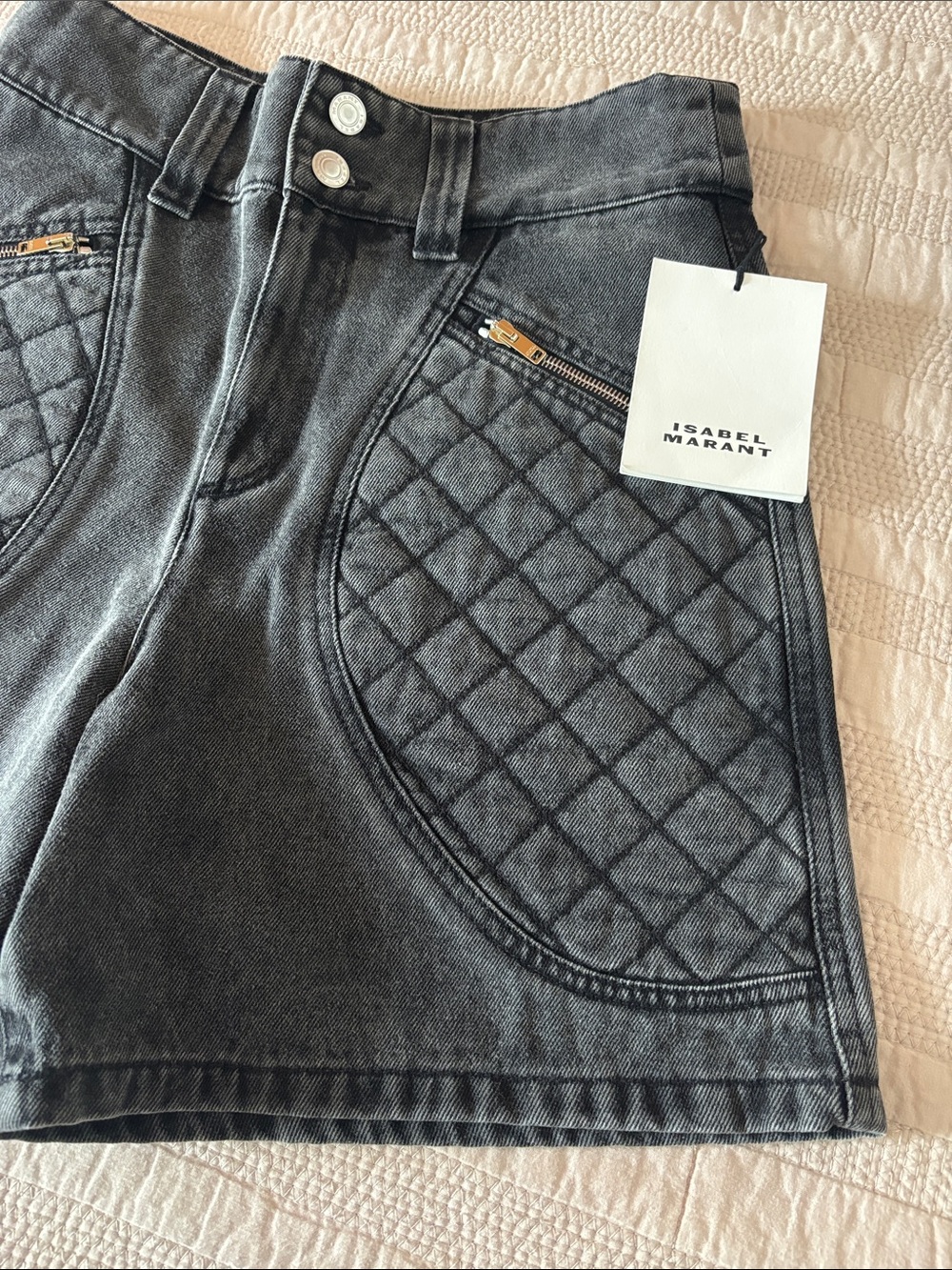 Isabel Marant Candice Quilted Front Pocket High-Waist Denim Shorts in Charcoal - Picture 3 of 8